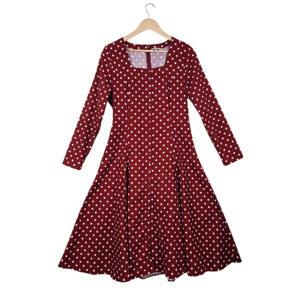 J Peterman Dress sz 8 Brick Red Polka Dot Midi Fit & Flare Cottagecore Retro